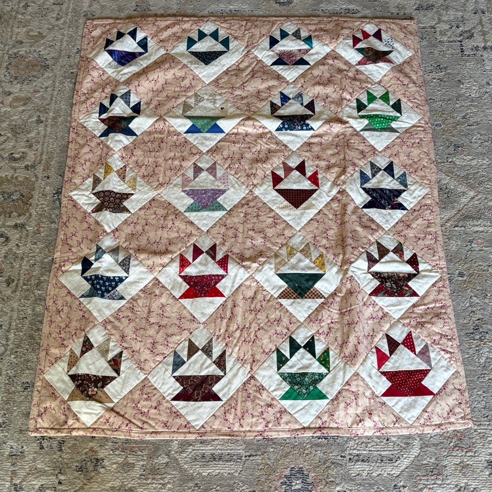 Handmade Pink Floral Patchwork Basket Quilt - Multicolor Accents